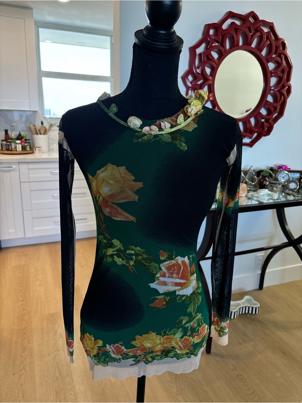 Jean Paul Gaultier Dark Green Floral Mesh Long-Sleeve Dress Set